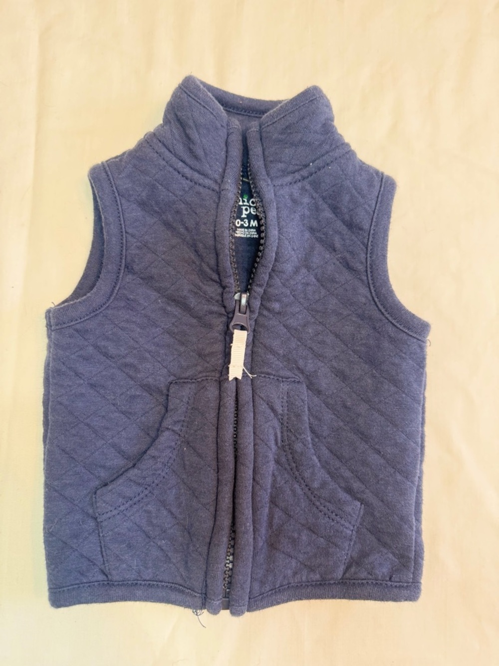 Chick Pea | Navy Quilted Baby Vest - Cozy Sleeveless Zip Front | Size 0-3 Months